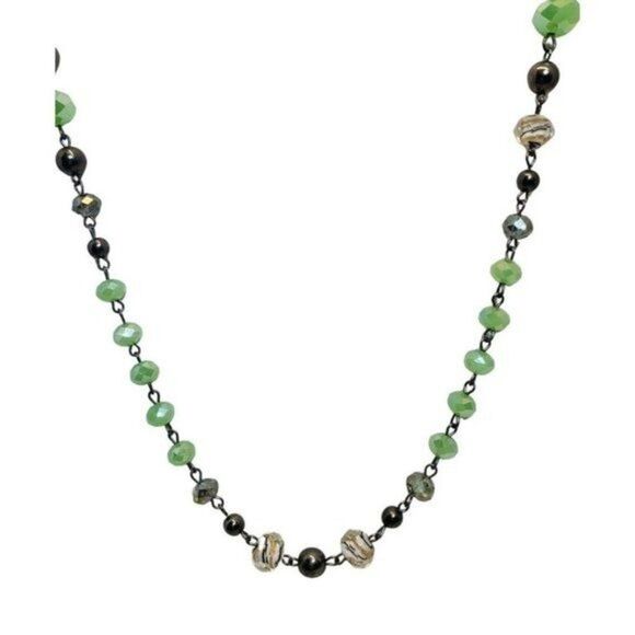 Vintage Lime Green Faceted Glass Sparkly Beaded Gunmetal Station Necklace 40” - Picture 3 of 8